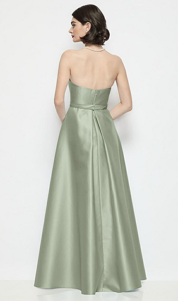 Back View - Sage Strapless Bow-Waist Satin Column Dress with Overskirt