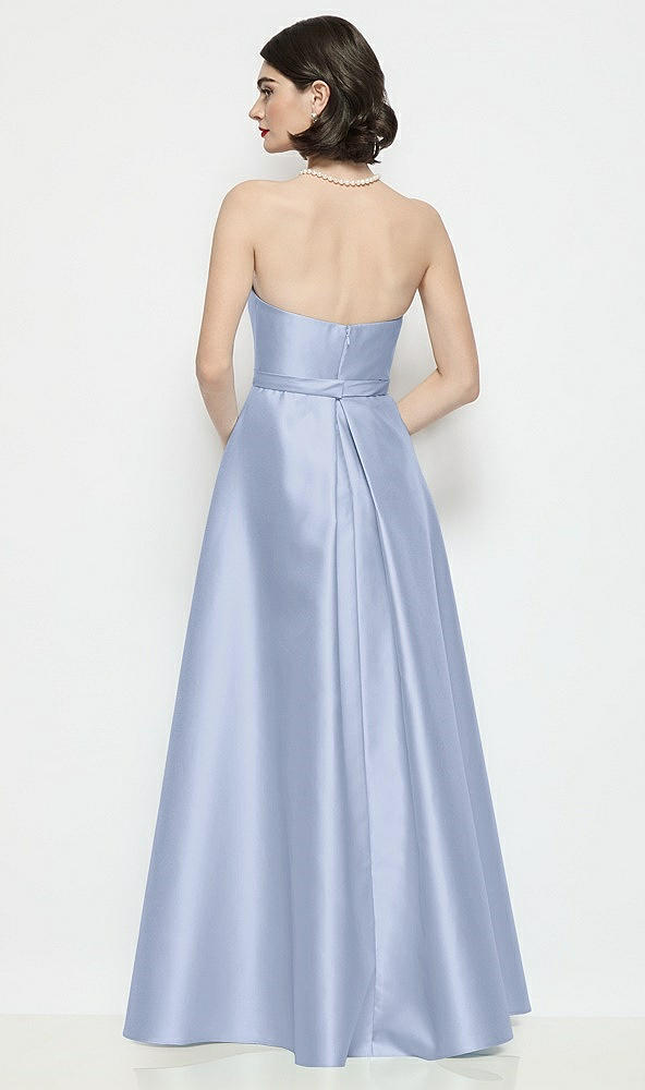 Back View - Sky Blue Strapless Bow-Waist Satin Column Dress with Overskirt