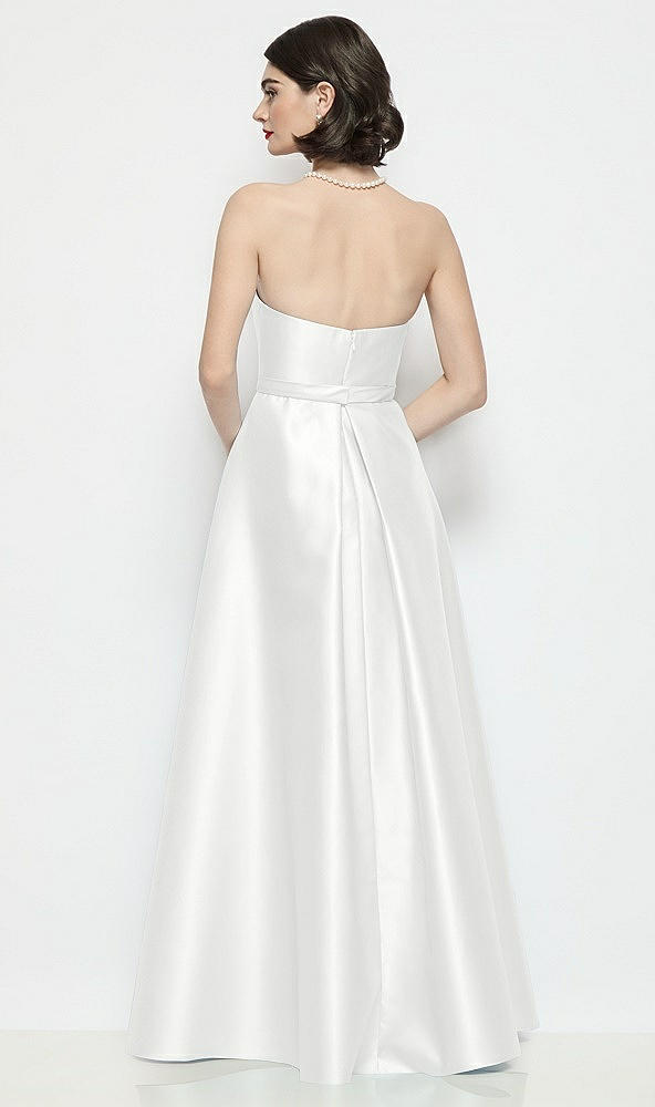 Back View - White Strapless Bow-Waist Satin Column Dress with Overskirt