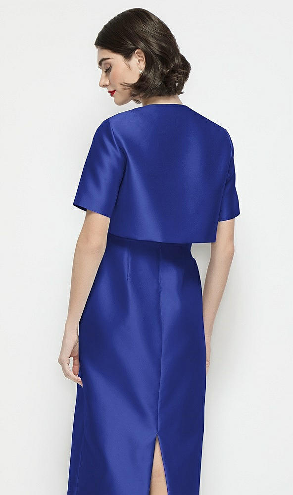 Back View - Cobalt Blue Jewel Neck Cropped Satin Jacket