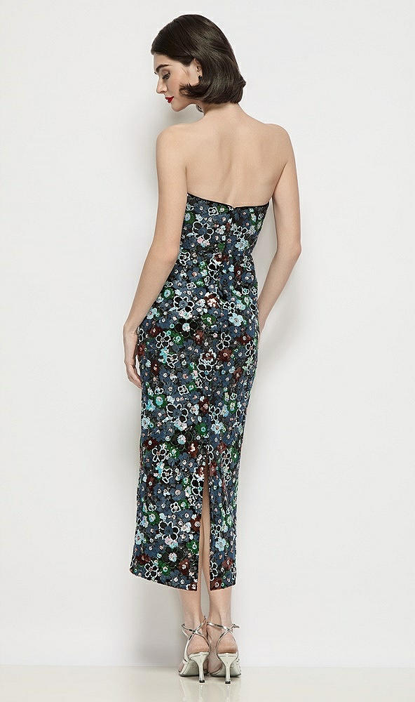 Back View - Black Multi Strapless Column Stretch Floral Sequin Midi Dress
