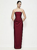 Front View Thumbnail - Burgundy Strapless Asymmertical Drop Waist Corset Maxi Dress with Column Skirt