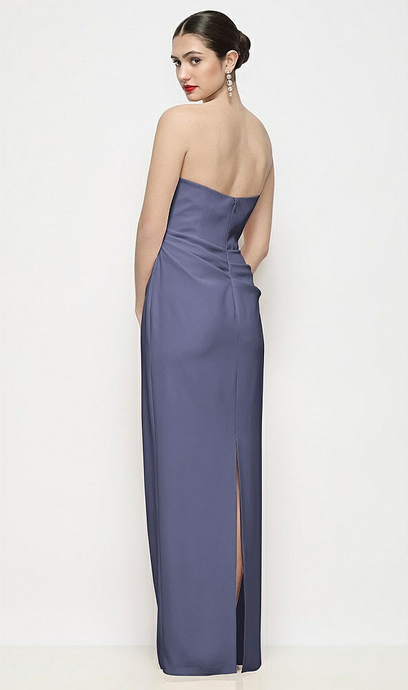 Back View - French Blue Strapless Asymmertical Drop Waist Corset Maxi Dress with Column Skirt