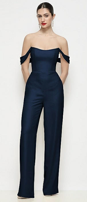 Off-the-Shoulder Basque Neck Crepe Wide Leg Formal Jumpsuit