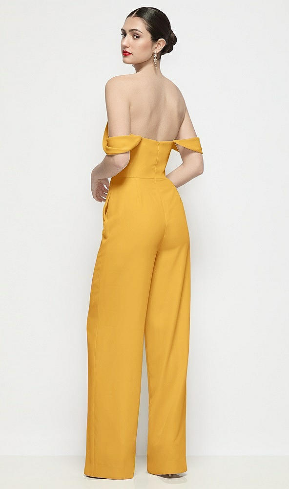 Back View - NYC Yellow Off-the-Shoulder Basque Neck Crepe Wide Leg Formal Jumpsuit