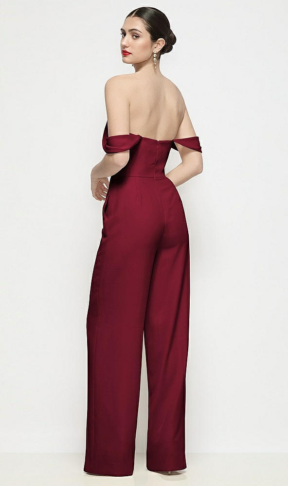 Back View - Burgundy Off-the-Shoulder Basque Neck Crepe Wide Leg Formal Jumpsuit