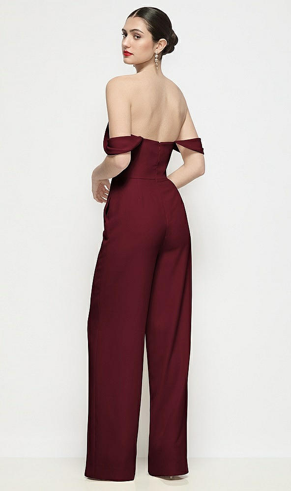 Back View - Cabernet Off-the-Shoulder Basque Neck Crepe Wide Leg Formal Jumpsuit