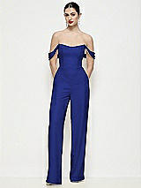 Front View Thumbnail - Cobalt Blue Off-the-Shoulder Basque Neck Crepe Wide Leg Formal Jumpsuit