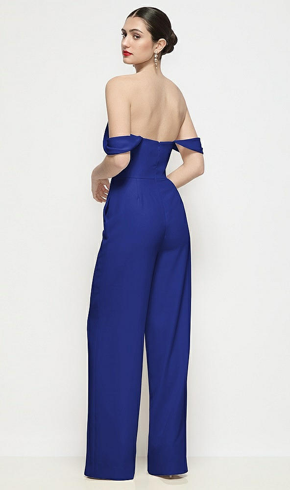 Back View - Cobalt Blue Off-the-Shoulder Basque Neck Crepe Wide Leg Formal Jumpsuit