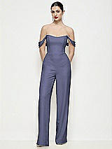Front View Thumbnail - French Blue Off-the-Shoulder Basque Neck Crepe Wide Leg Formal Jumpsuit