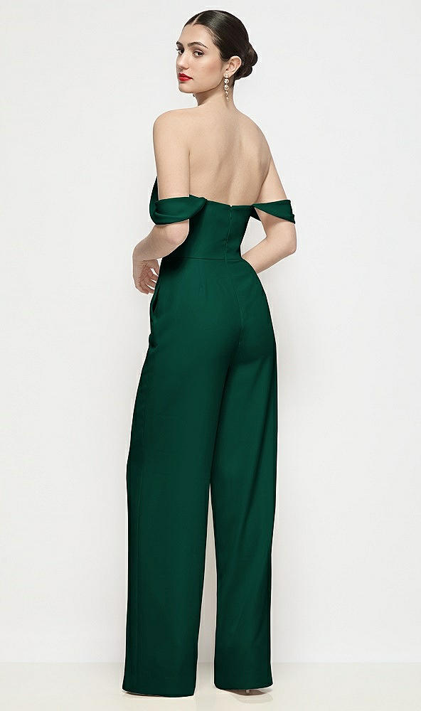 Back View - Hunter Green Off-the-Shoulder Basque Neck Crepe Wide Leg Formal Jumpsuit
