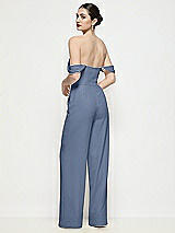 Rear View Thumbnail - Larkspur Blue Off-the-Shoulder Basque Neck Crepe Wide Leg Formal Jumpsuit