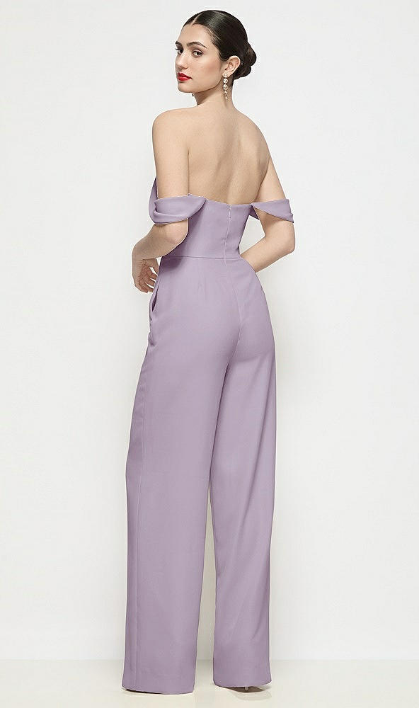 Back View - Lilac Haze Off-the-Shoulder Basque Neck Crepe Wide Leg Formal Jumpsuit