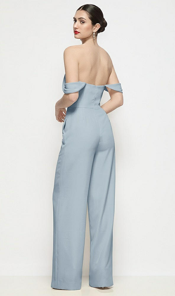 Back View - Mist Off-the-Shoulder Basque Neck Crepe Wide Leg Formal Jumpsuit