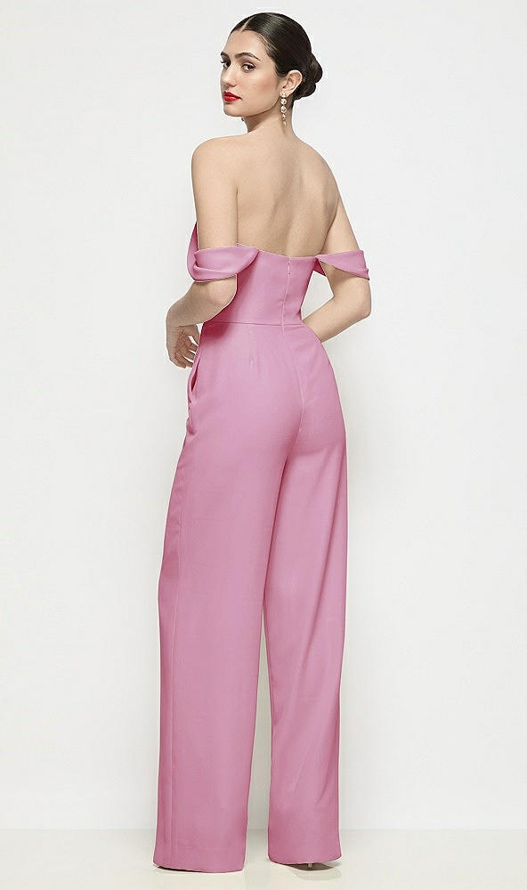 Back View - Powder Pink Off-the-Shoulder Basque Neck Crepe Wide Leg Formal Jumpsuit