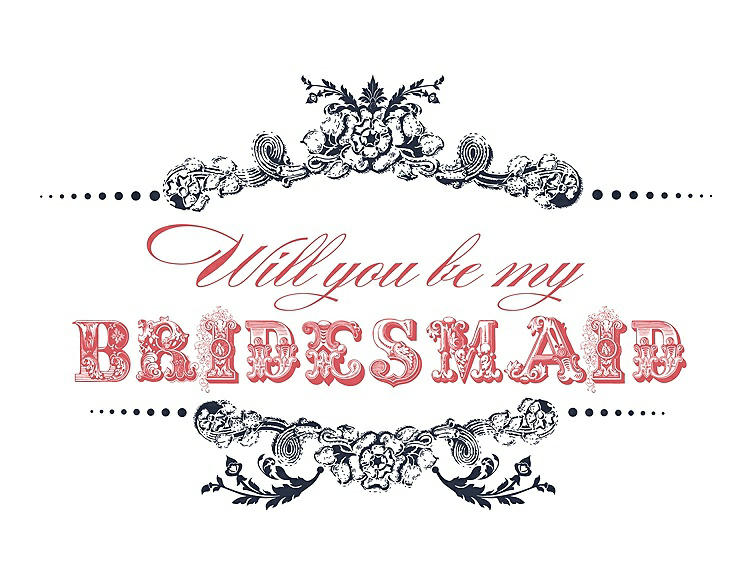 Front View - Midnight Navy & Perfect Coral Will You Be My Bridesmaid Card - Vintage