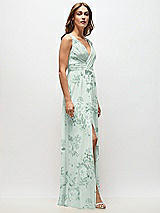 Side View Thumbnail - Mint Green Floral Sleeveless Draped Chiffon Maxi Dress with Front Slit