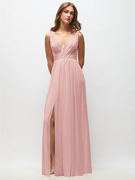 Sleeveless Draped Chiffon Maxi Dress with Front Slit
