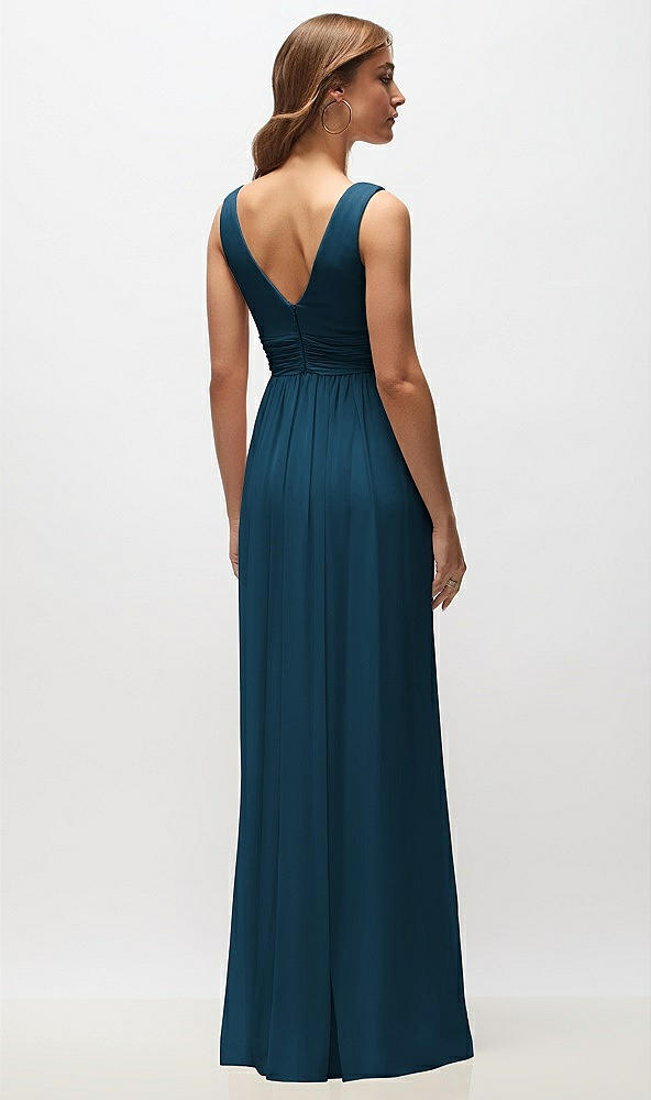 Back View - Atlantic Blue Sleeveless Draped Chiffon Maxi Dress with Front Slit