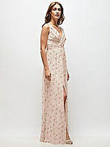Side View Thumbnail - Coquette Floral Print Sleeveless Draped Chiffon Maxi Dress with Front Slit