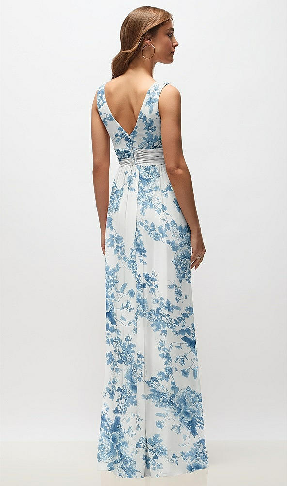 Back View - Cottage Rose Dusk Blue Sleeveless Draped Chiffon Maxi Dress with Front Slit