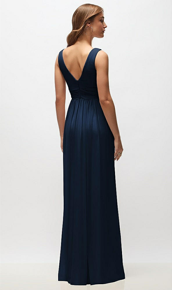 Back View - Midnight Navy Sleeveless Draped Chiffon Maxi Dress with Front Slit