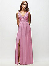 Front View Thumbnail - Powder Pink Sleeveless Draped Chiffon Maxi Dress with Front Slit