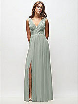 Front View Thumbnail - Willow Green Sleeveless Draped Chiffon Maxi Dress with Front Slit