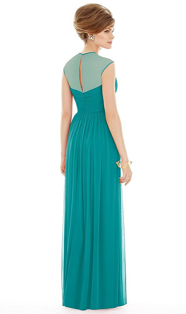 Back View - Mediterranean Chiffon Knit Cap Sleeve VNeck Maxi Dress