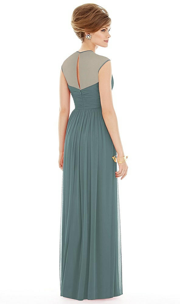 Back View - Smoke Blue Chiffon Knit Cap Sleeve VNeck Maxi Dress