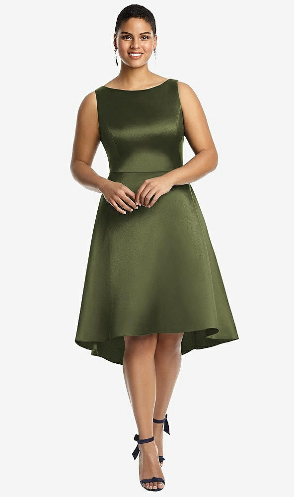 Front View - Olive Green Bateau Neck Satin High Low Cocktail Dress