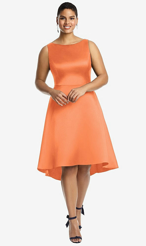 Front View - Portofino Orange Bateau Neck Satin High Low Cocktail Dress