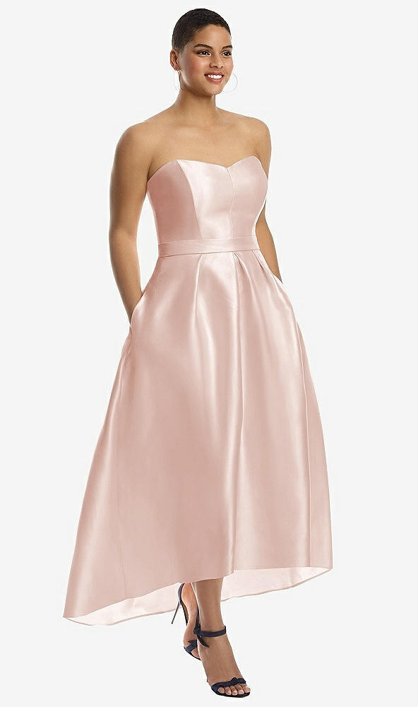 Front View - Blush & Blush Strapless Satin High Low Dress with Pockets