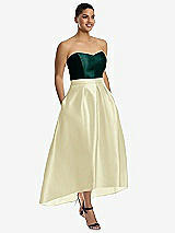 Front View Thumbnail - Butter Yellow & Evergreen Strapless Satin High Low Dress with Pockets