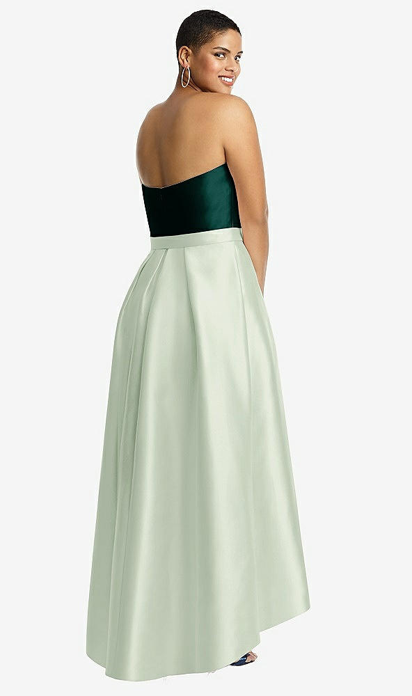Back View - Mint Green & Evergreen Strapless Satin High Low Dress with Pockets