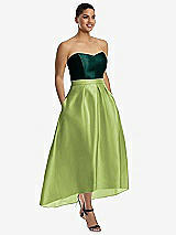 Front View Thumbnail - Mojito & Evergreen Strapless Satin High Low Dress with Pockets