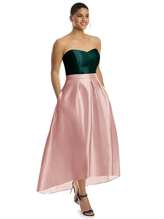 Strapless Satin High Low Dress with Pockets