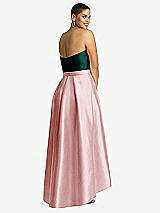 Rear View Thumbnail - Ballet Pink & Evergreen Strapless Satin High Low Dress with Pockets