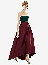 Alt View 1 Thumbnail - Cabernet & Evergreen Strapless Satin High Low Dress with Pockets