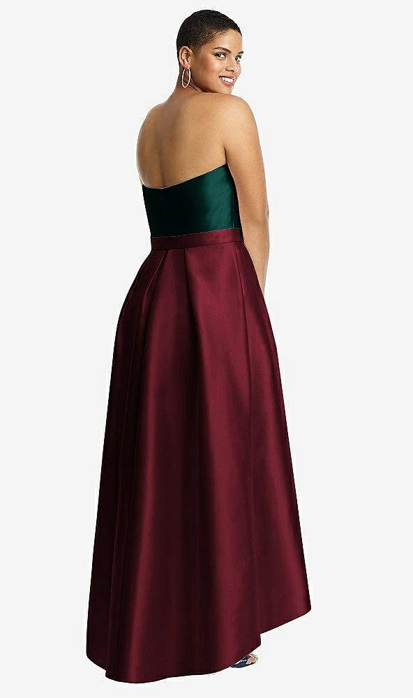 Back View - Cabernet & Evergreen Strapless Satin High Low Dress with Pockets