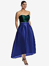 Front View Thumbnail - Cobalt Blue & Evergreen Strapless Satin High Low Dress with Pockets