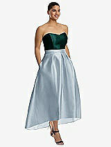 Front View Thumbnail - Mist & Evergreen Strapless Satin High Low Dress with Pockets