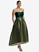 Front View Thumbnail - Olive Green & Evergreen Strapless Satin High Low Dress with Pockets
