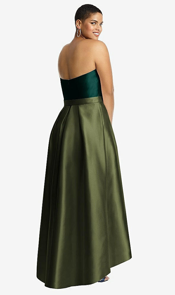 Back View - Olive Green & Evergreen Strapless Satin High Low Dress with Pockets