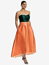 Front View Thumbnail - Portofino Orange & Evergreen Strapless Satin High Low Dress with Pockets