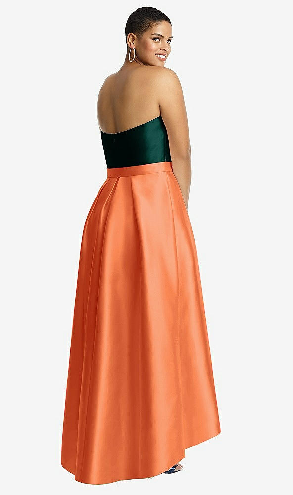 Back View - Portofino Orange & Evergreen Strapless Satin High Low Dress with Pockets