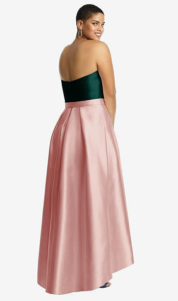 Back View - Rose & Evergreen Strapless Satin High Low Dress with Pockets