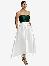 Front View Thumbnail - White & Evergreen Strapless Satin High Low Dress with Pockets
