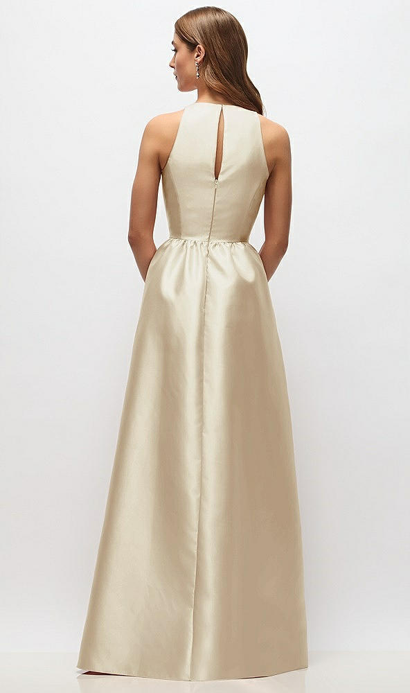 Back View - Champagne Sleeveless Keyhole Back Satin Maxi Dress