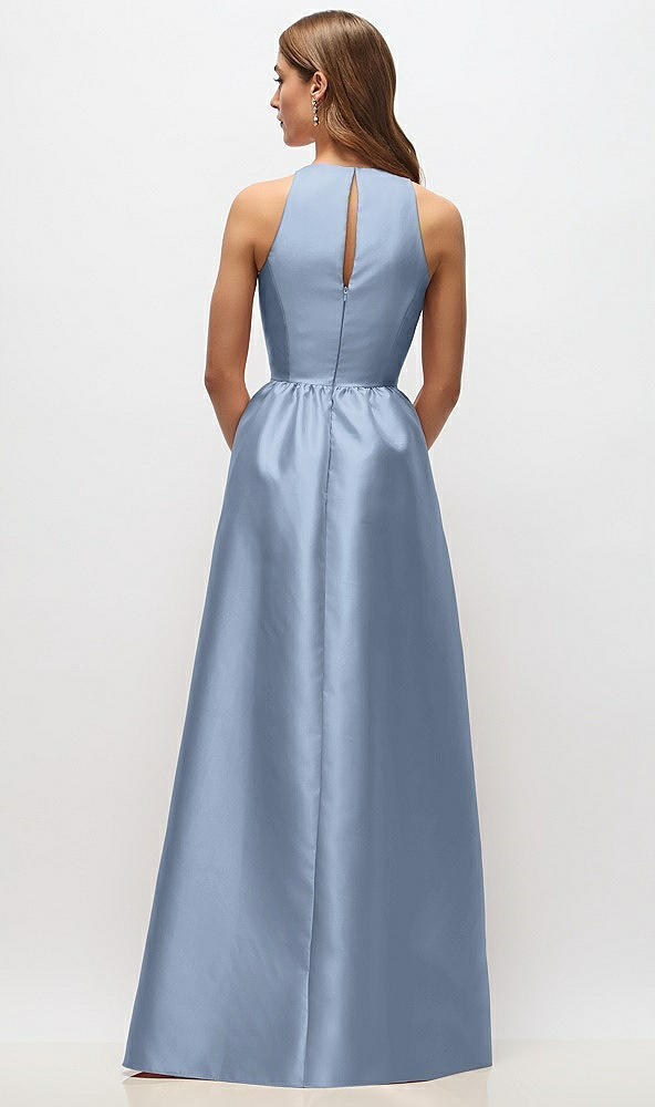 Back View - Cloudy Sleeveless Keyhole Back Satin Maxi Dress